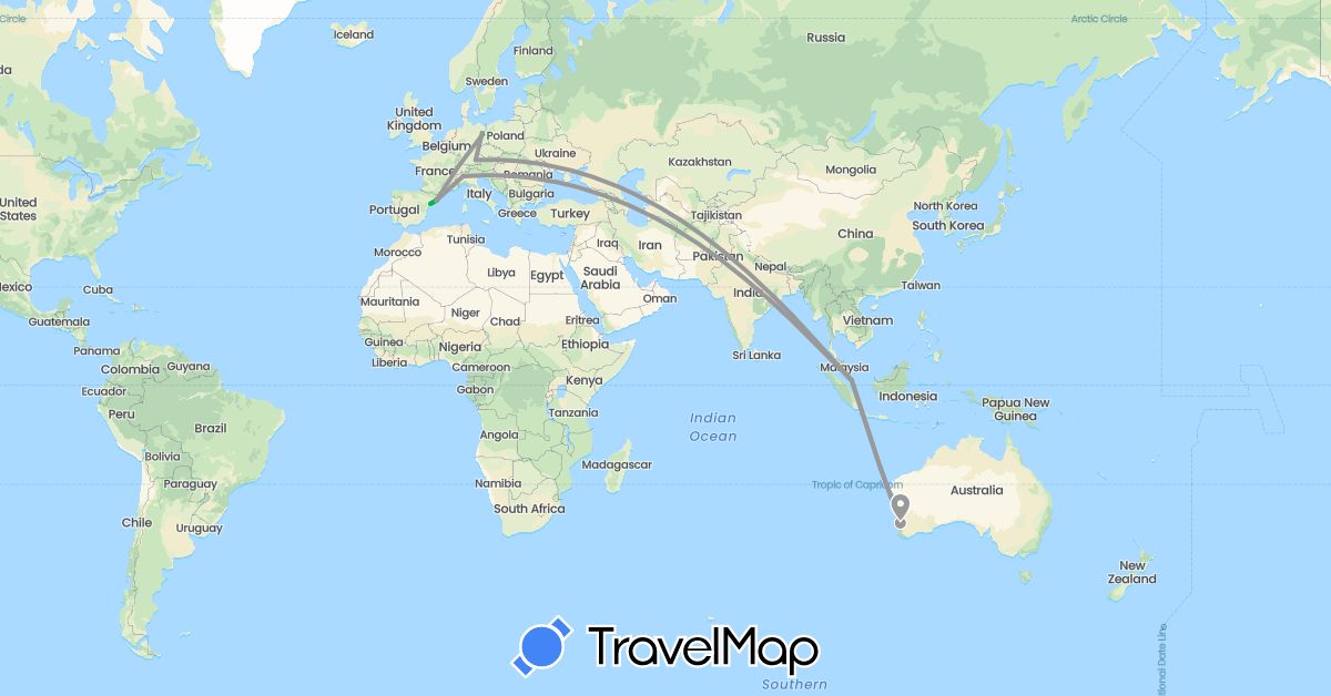 TravelMap itinerary: driving, bus, plane in Australia, Germany, Spain, Italy, Singapore (Asia, Europe, Oceania)